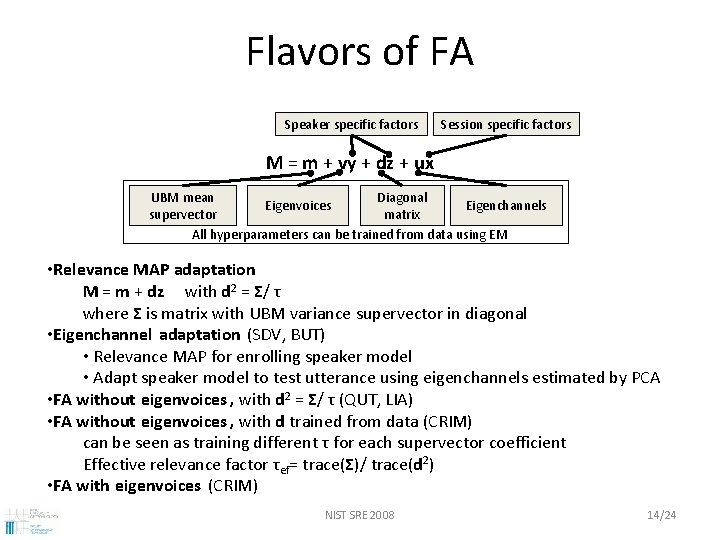 Flavors of FA Speaker specific factors Session specific factors M = m + vy