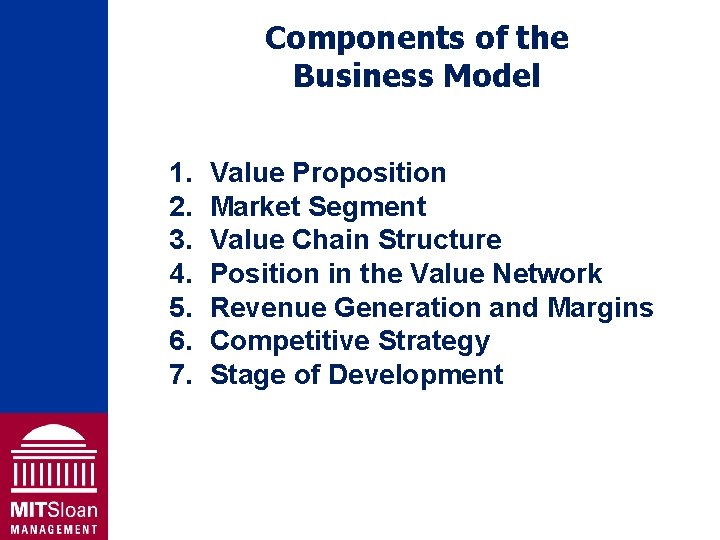 Components of the Business Model 1. 2. 3. 4. 5. 6. 7. Value Proposition