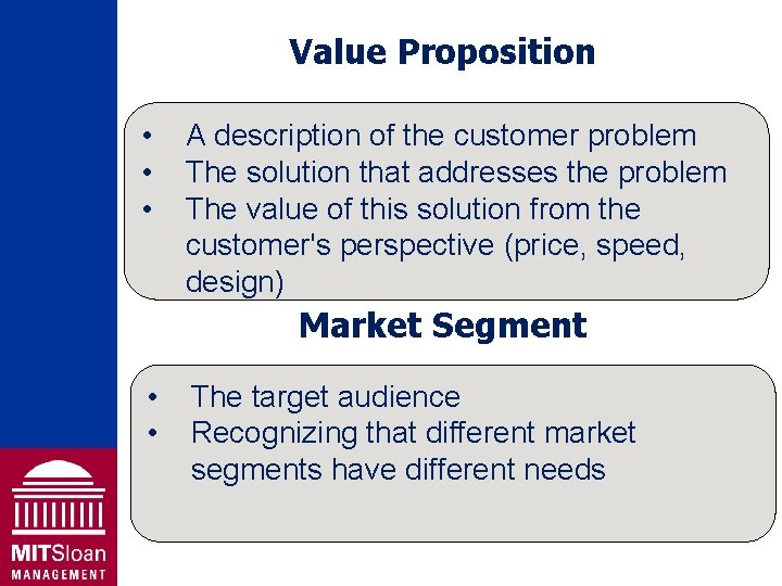 Value Proposition • • • A description of the customer problem The solution that