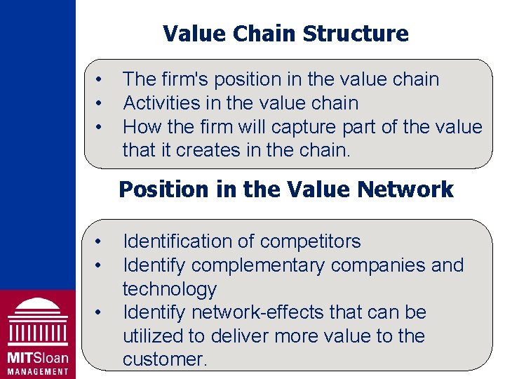 Value Chain Structure • • • The firm's position in the value chain Activities