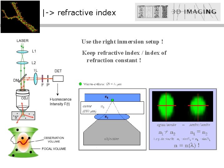 |-> refractive index Use the right inmersion setup ! Keep refractive index / index