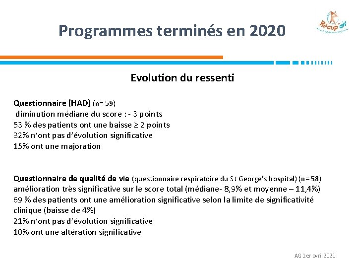 Programmes terminés en 2020 Evolution du ressenti Questionnaire (HAD) (n= 59) diminution médiane du