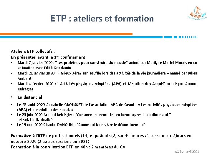 ETP : ateliers et formation Ateliers ETP collectifs : En présentiel avant le 1