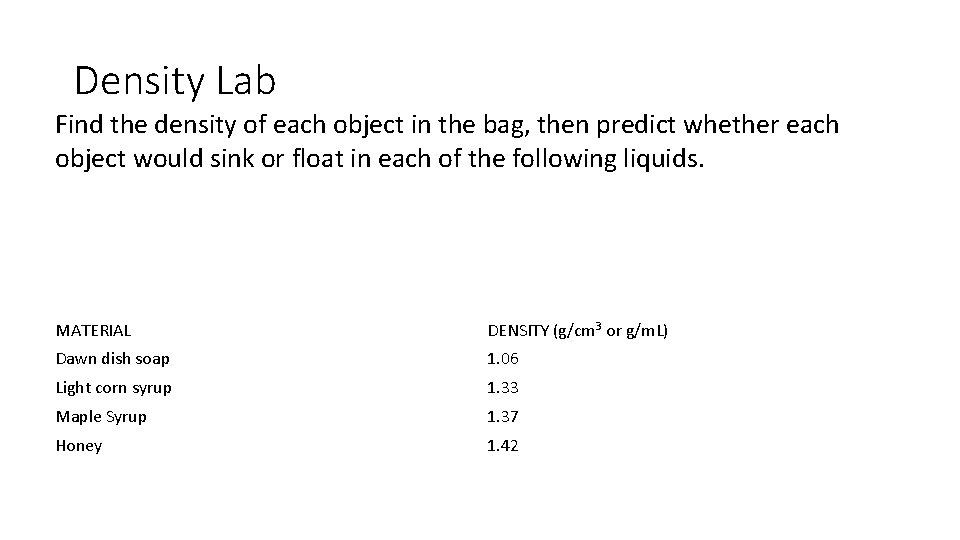 Density Lab Find the density of each object in the bag, then predict whether