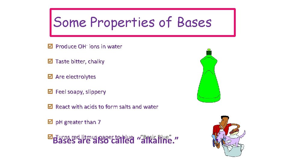 Some Properties of Bases þ Produce OH- ions in water þ Taste bitter, chalky