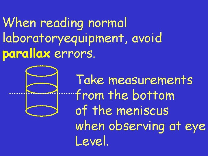 When reading normal laboratoryequipment, avoid parallax errors. Take measurements from the bottom of the