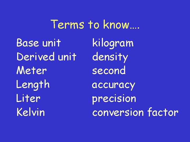 Terms to know…. Base unit Derived unit Meter Length Liter Kelvin kilogram density second