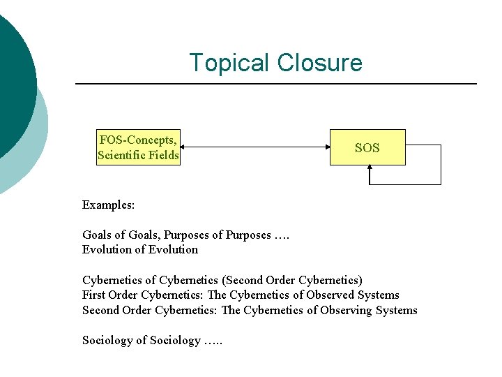 Topical Closure FOS-Concepts, Scientific Fields SOS Examples: Goals of Goals, Purposes of Purposes ….