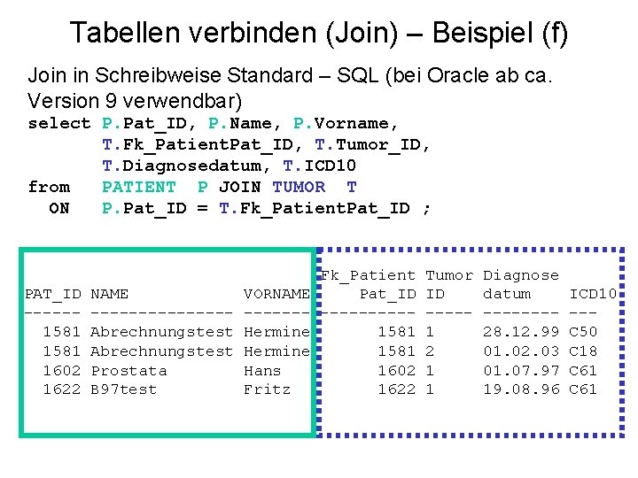 Tabellen verbinden (Join) – Beispiel (f) Join in Schreibweise Standard – SQL (bei Oracle