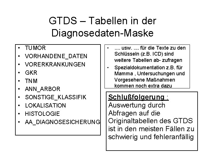 GTDS – Tabellen in der Diagnosedaten-Maske • • • TUMOR VORHANDENE_DATEN VORERKRANKUNGEN GKR TNM