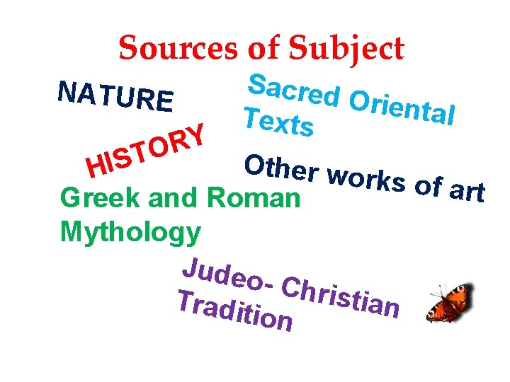 Sources of Subject Sacred Orienta l Texts Y R O T Other wo HIS