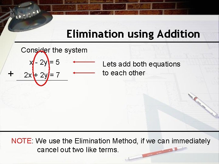 Elimination using Addition Consider the system x - 2 y = 5 + 2