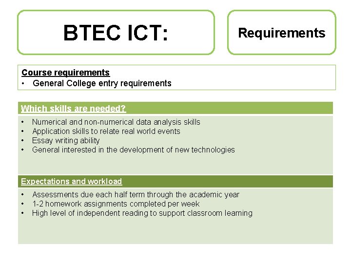 BTEC ICT: Requirements Course requirements • General College entry requirements Which skills are needed?