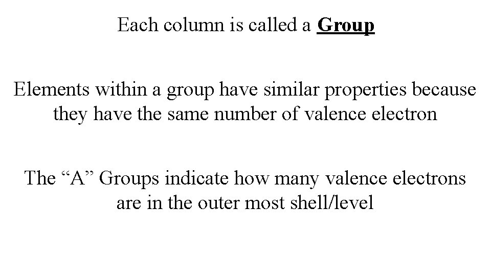 Each column is called a Group Elements within a group have similar properties because