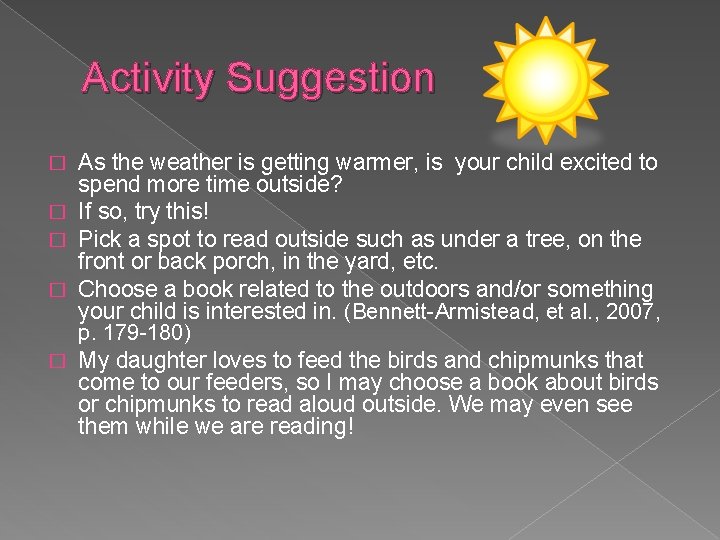 Activity Suggestion � � � As the weather is getting warmer, is your child