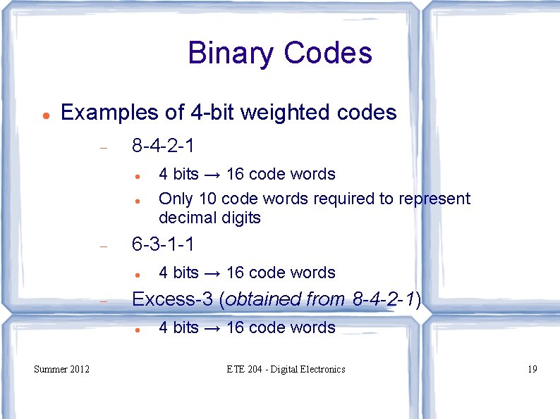 Binary Codes Examples of 4 -bit weighted codes 8 -4 -2 -1 6 -3