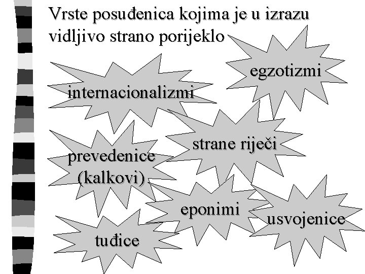 Vrste posuđenica kojima je u izrazu vidljivo strano porijeklo egzotizmi internacionalizmi prevedenice (kalkovi) strane