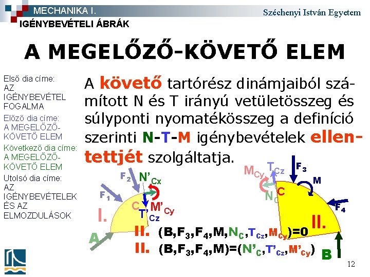 MECHANIKA I. IGÉNYBEVÉTELI ÁBRÁK Széchenyi István Egyetem A MEGELŐZŐ-KÖVETŐ ELEM Első dia címe: AZ