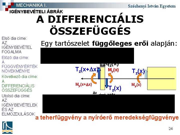 MECHANIKA I. IGÉNYBEVÉTELI ÁBRÁK Széchenyi István Egyetem A DIFFERENCIÁLIS ÖSSZEFÜGGÉS Első dia címe: AZ