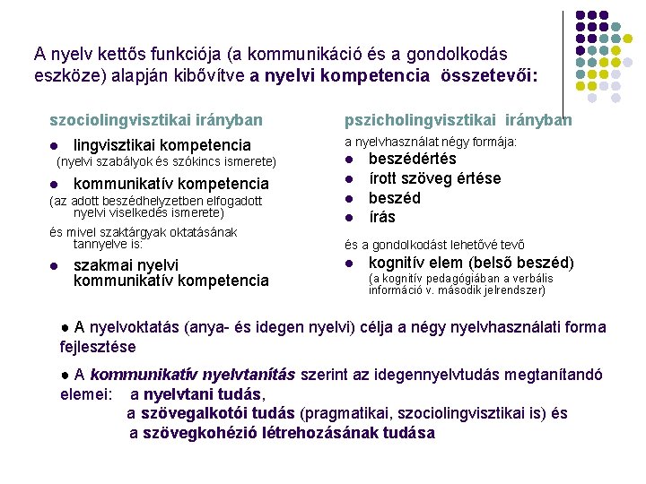 A nyelv kettős funkciója (a kommunikáció és a gondolkodás eszköze) alapján kibővítve a nyelvi