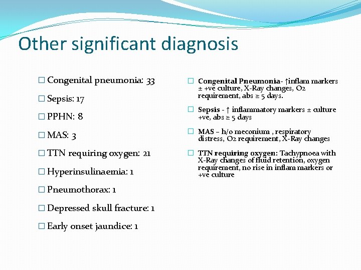Other significant diagnosis � Congenital pneumonia: 33 � Sepsis: 17 � Congenital Pneumonia- ↑inflam