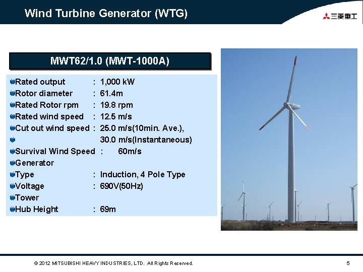Wind Turbine Generator (WTG) MWT 62/1. 0 (MWT-1000 A) Rated output Rotor diameter Rated
