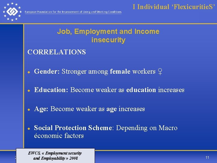 I Individual ‘Flexicuritie. S’ Job, Employment and Income insecurity CORRELATIONS l Gender: Stronger among
