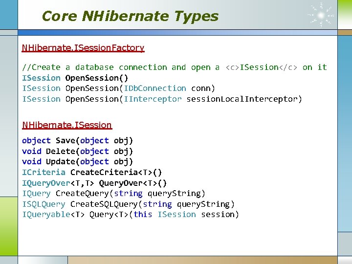 Core NHibernate Types NHibernate. ISession. Factory //Create ISession a database connection and open a
