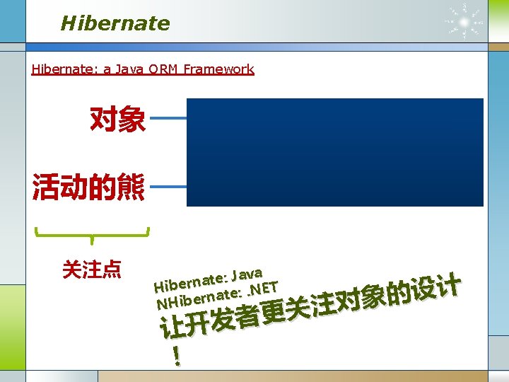 Hibernate: a Java ORM Framework 对象 Hibernate 关系 活动的熊 Hibernate 冬眠的熊 关注点 Java :
