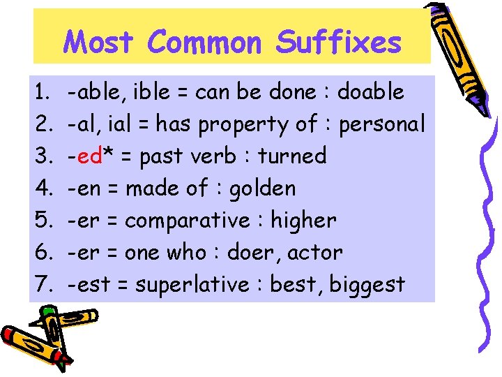 Most Common Suffixes 1. 2. 3. 4. 5. 6. 7. -able, ible = can