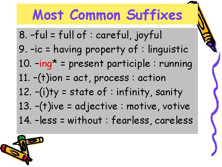 Most Common Suffixes 8. –ful = full of : careful, joyful 9. –ic =