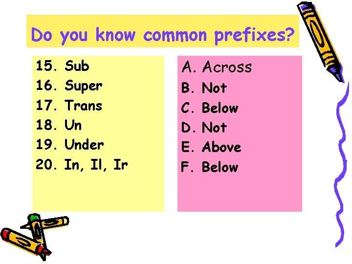 Do you know common prefixes? 15. 16. 17. 18. 19. 20. Sub Super Trans