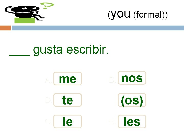 (you (formal)) ___ gusta escribir. A. me B. te C. le D. nos (os)