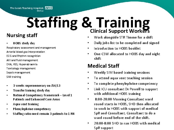 Staffing & Training Nursing staff • HOBS study day Respiratory assessment and management Arterial