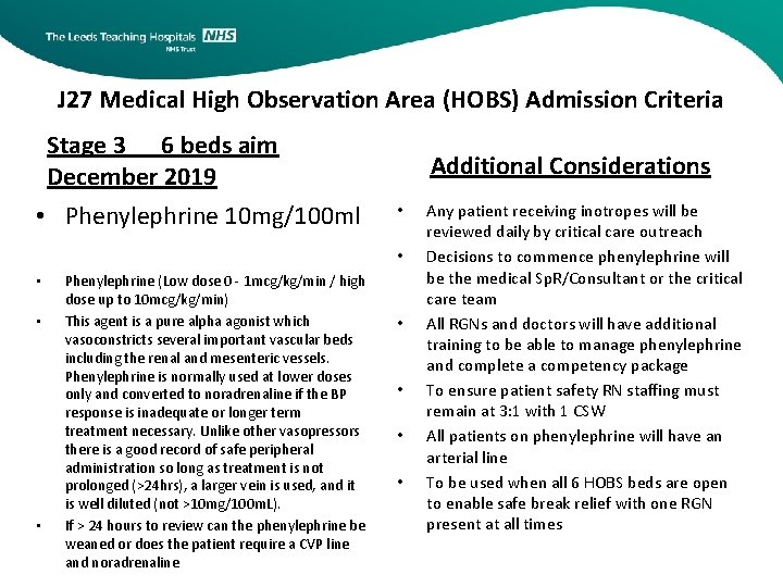 J 27 Medical High Observation Area (HOBS) Admission Criteria Stage 3 6 beds aim