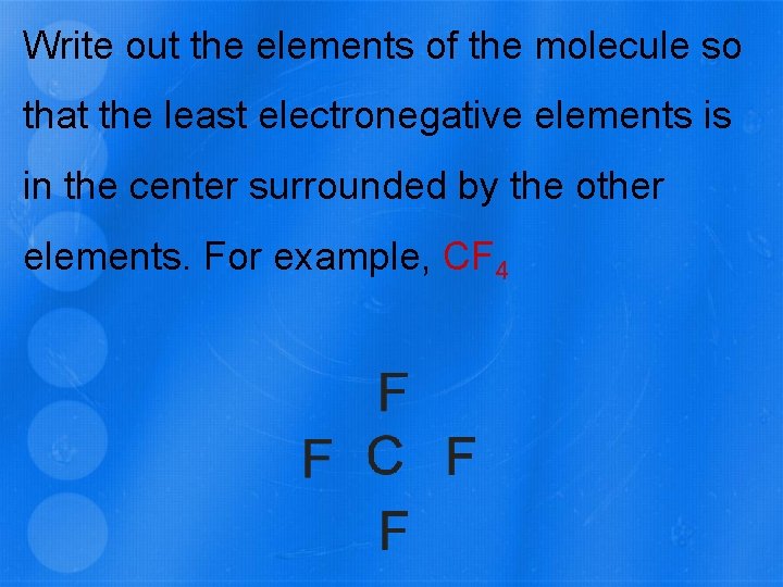 Write out the elements of the molecule so that the least electronegative elements is