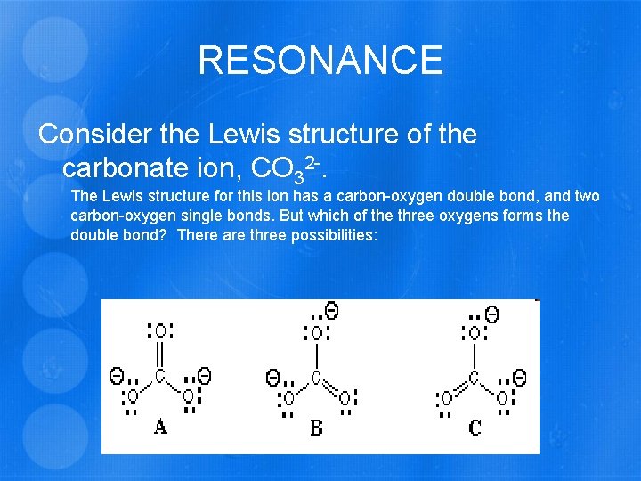 RESONANCE Consider the Lewis structure of the carbonate ion, CO 32 -. The Lewis