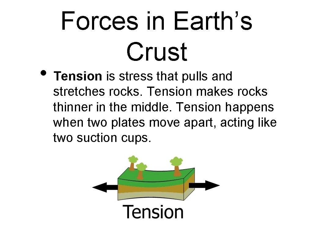 Forces in Earth’s Crust • Tension is stress that pulls and stretches rocks. Tension