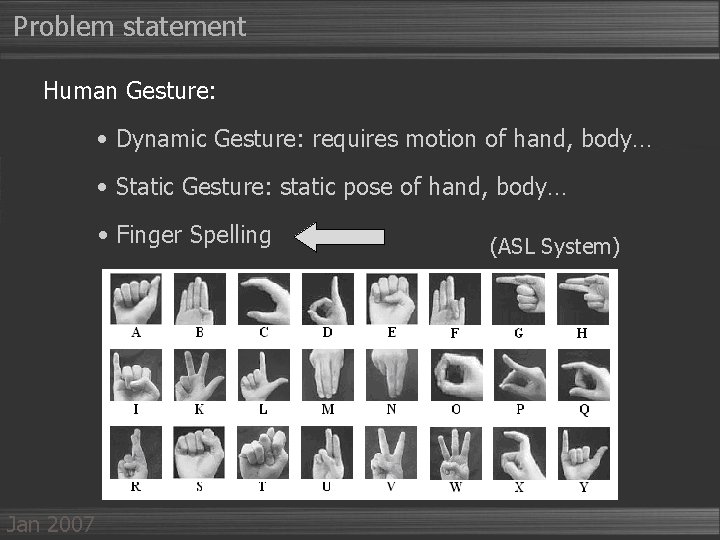 Problem statement Human Gesture: • Dynamic Gesture: requires motion of hand, body… • Static