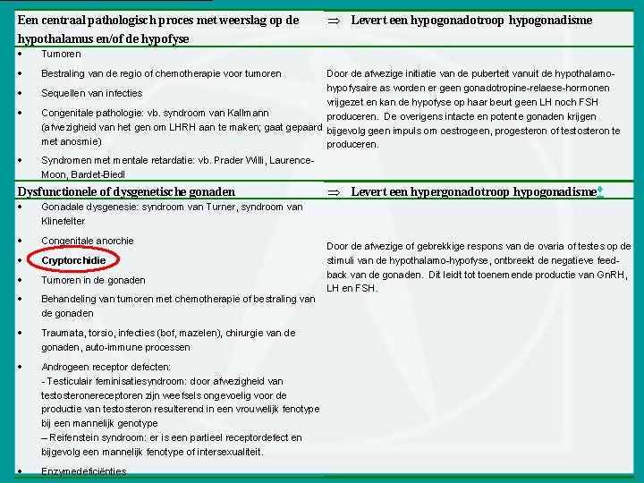 Een centraal pathologisch proces met weerslag op de hypothalamus en/of de hypofyse Tumoren Bestraling