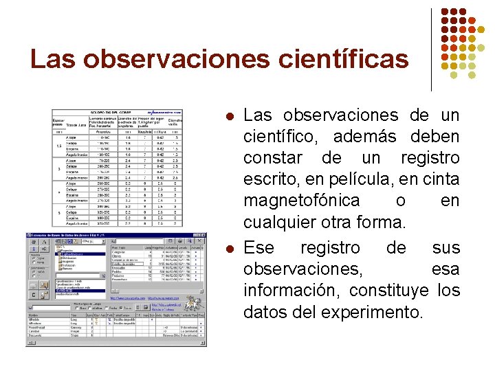 Las observaciones científicas l l Las observaciones de un científico, además deben constar de