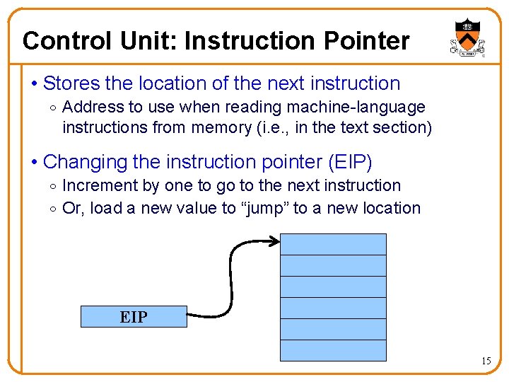 Control Unit: Instruction Pointer • Stores the location of the next instruction o Address
