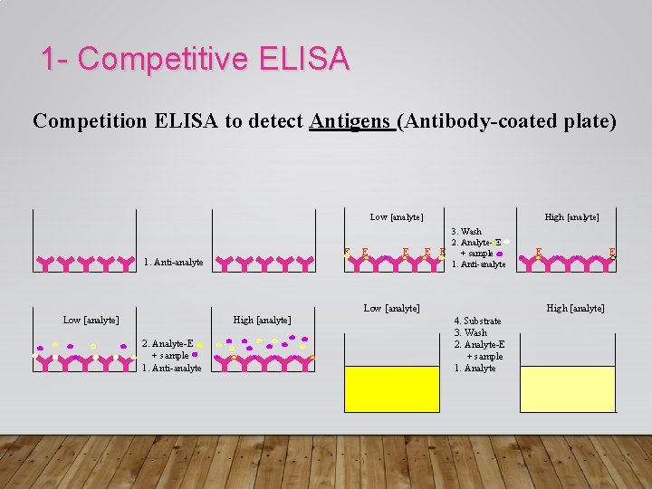 1 - Competitive ELISA Competition ELISA to detect Antigens (Antibody-coated plate) Low [analyte] E