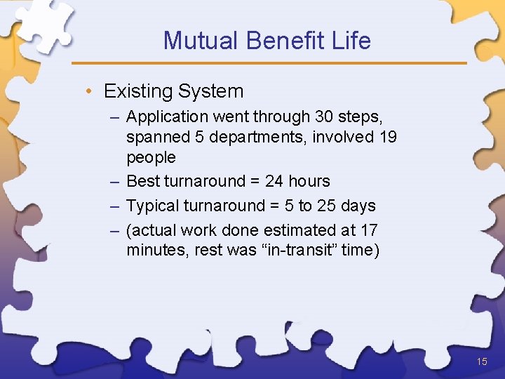 Mutual Benefit Life • Existing System – Application went through 30 steps, spanned 5