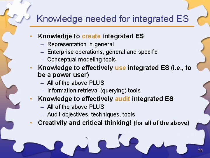 Knowledge needed for integrated ES • Knowledge to create integrated ES – Representation in