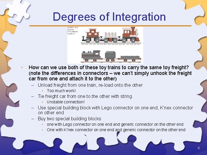 Degrees of Integration • How can we use both of these toy trains to