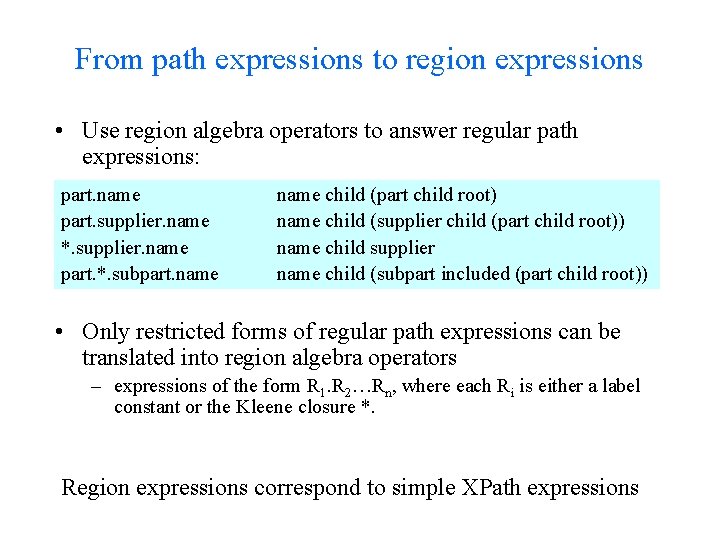 From path expressions to region expressions • Use region algebra operators to answer regular