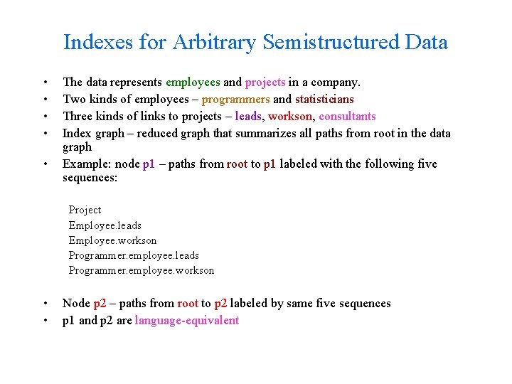 Indexes for Arbitrary Semistructured Data • • • The data represents employees and projects