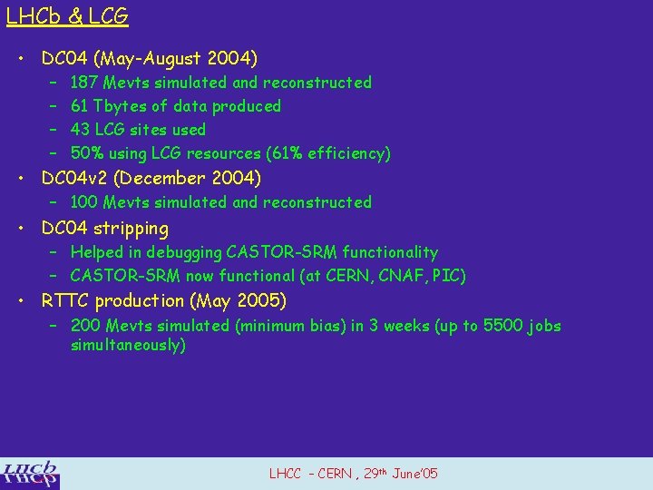 LHCb & LCG • DC 04 (May-August 2004) – – 187 Mevts simulated and
