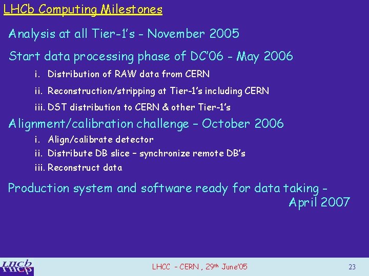 LHCb Computing Milestones Analysis at all Tier-1’s - November 2005 Start data processing phase